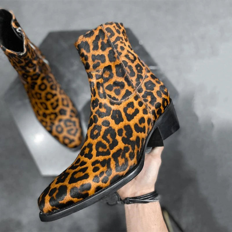 Western GQ Style Leopard Printed Genuine Leather Men's Ankle Boots