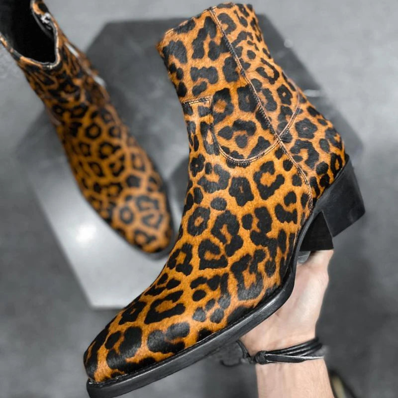 Western GQ Style Leopard Printed Genuine Leather Men's Ankle Boots