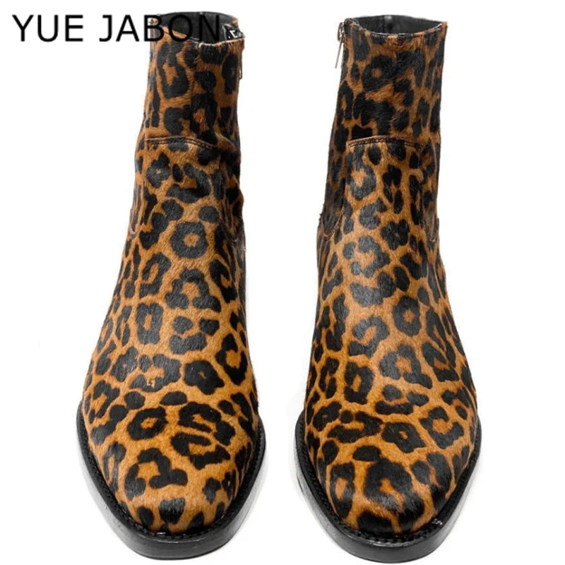 Western GQ Style Leopard Printed Genuine Leather Men's Ankle Boots