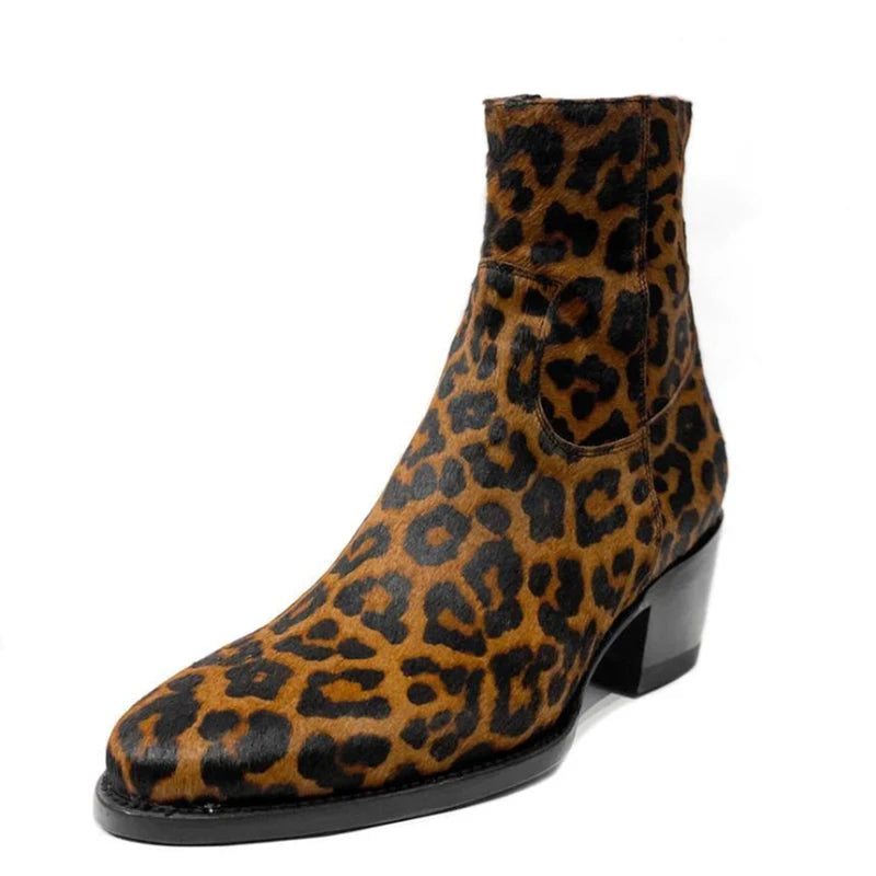 Western GQ Style Leopard Printed Genuine Leather Men's Ankle Boots
