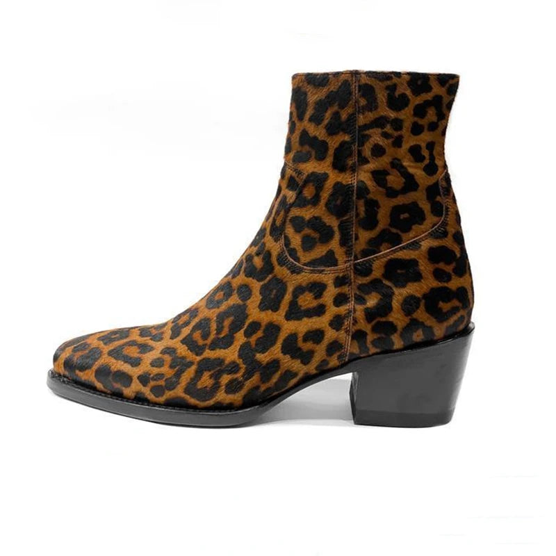 Western GQ Style Leopard Printed Genuine Leather Men's Ankle Boots