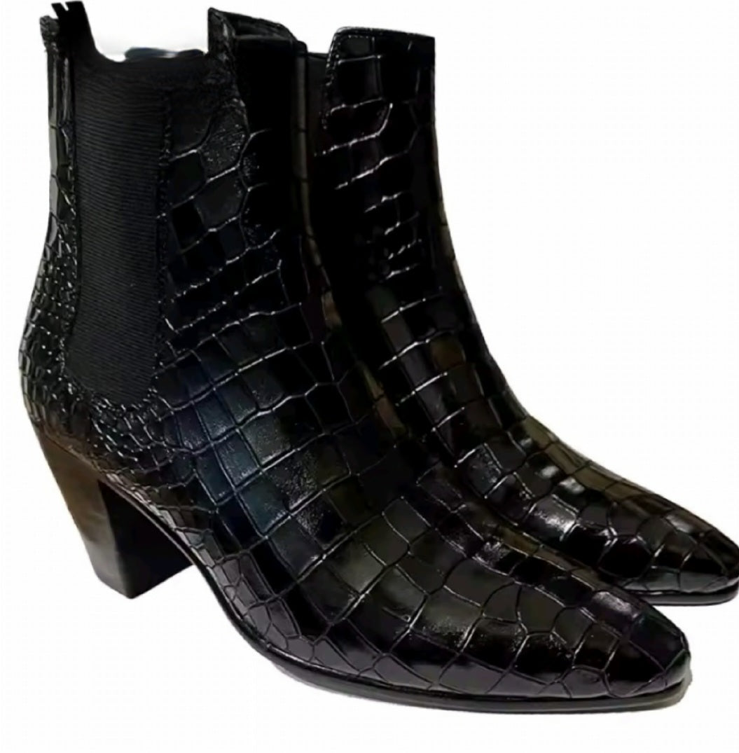 Western GQ Luxury Leather Gator Print High Heeled Men Boots