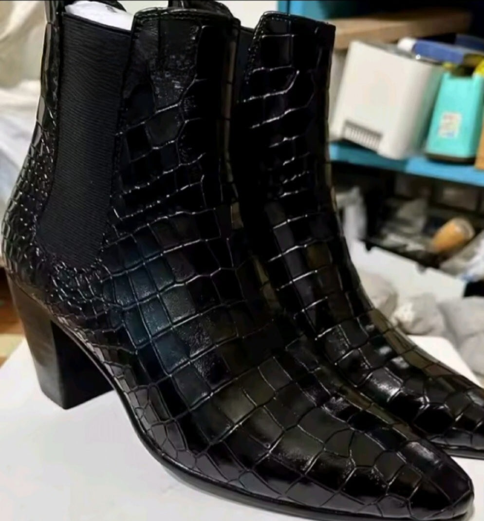 Western GQ Luxury Leather Gator Print High Heeled Men Boots
