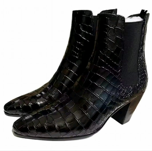 Western GQ Luxury Leather Gator Print High Heeled Men Boots