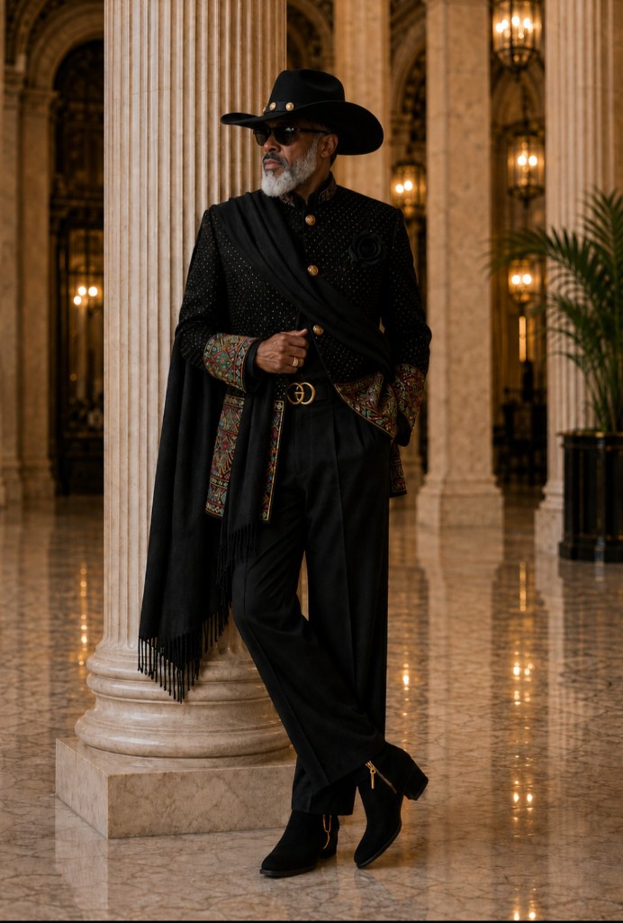 View all photos from this look Western GQ — Royal by Design black embroidered coat, jewel-heel boots, marble column portrait; opens gallery of seven photos