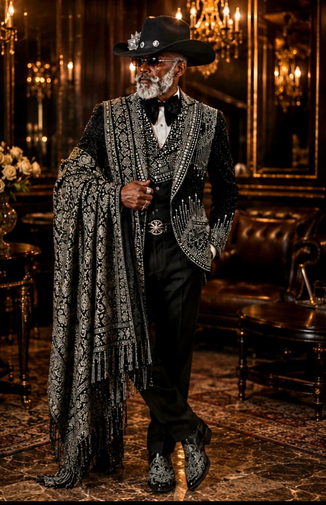 View all crystal jacket photos Western GQ luxury fashion — gentleman in ornate black crystal-embellished tuxedo, cowboy hat and patterned wrap; opens gallery of all crystal jacket photos