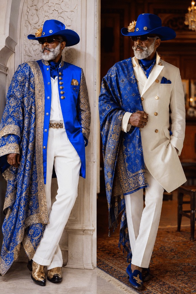 Western GQ luxury fashion — royal blue dual portrait, cream and gold sherwani with hat and patterned shawl