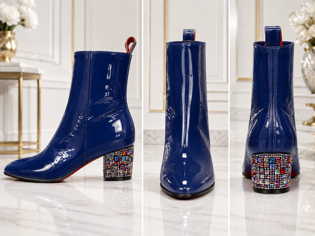 Western GQ luxury fashion — royal blue patent ankle boots with jeweled block heel and red sole; triptych on white marble with gold trim
