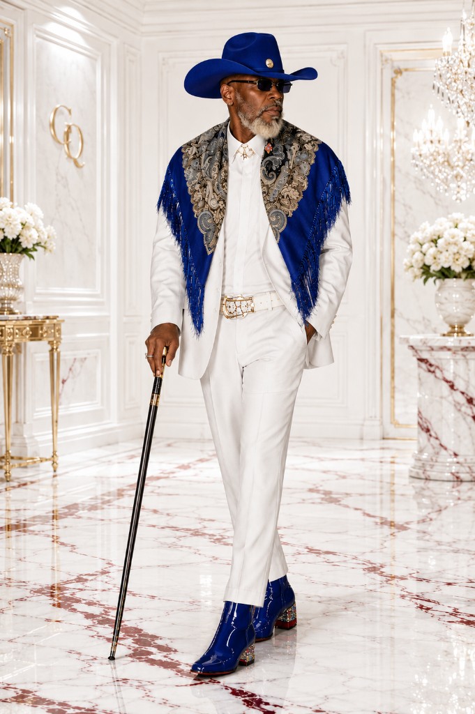 View look photos Western GQ luxury fashion — white suit, blue hat and paisley shawl, blue patent boots with jeweled heels; opens gallery with boot triptych