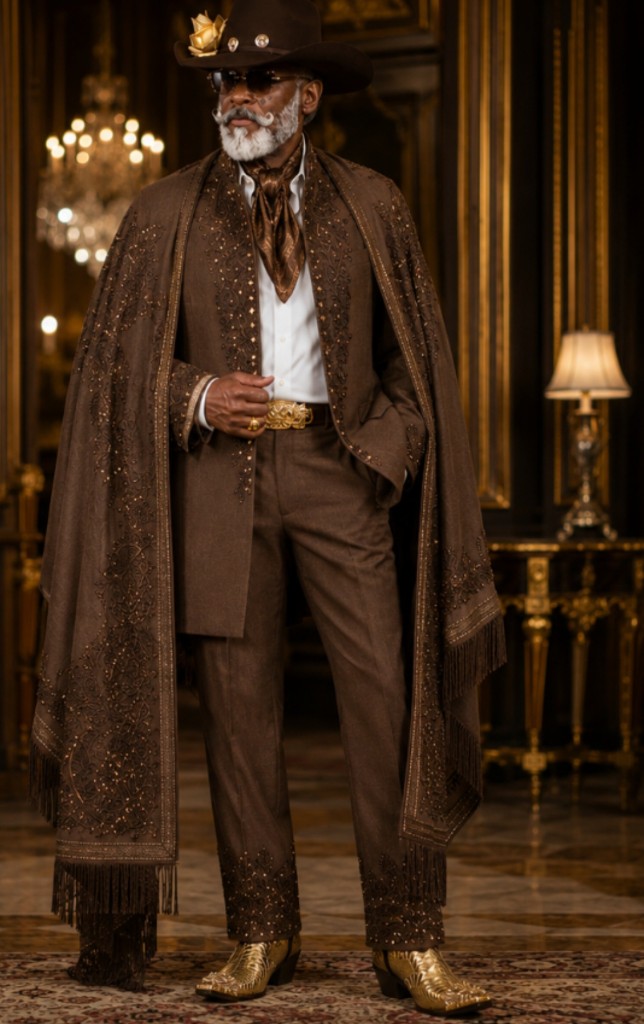 View all photos from this look Western GQ luxury fashion — brown western suit with gold embroidery, hat with gold rose, and gold cowboy boots in chandelier-lit lounge; opens full gallery of three photos
