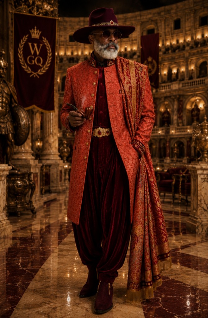 View all photos from this look Western GQ luxury fashion — copper-orange embroidered coat, burgundy hat and shawl, velvet trousers and boots in chandelier-lit marble hall with W GQ banner; opens full gallery of six photos