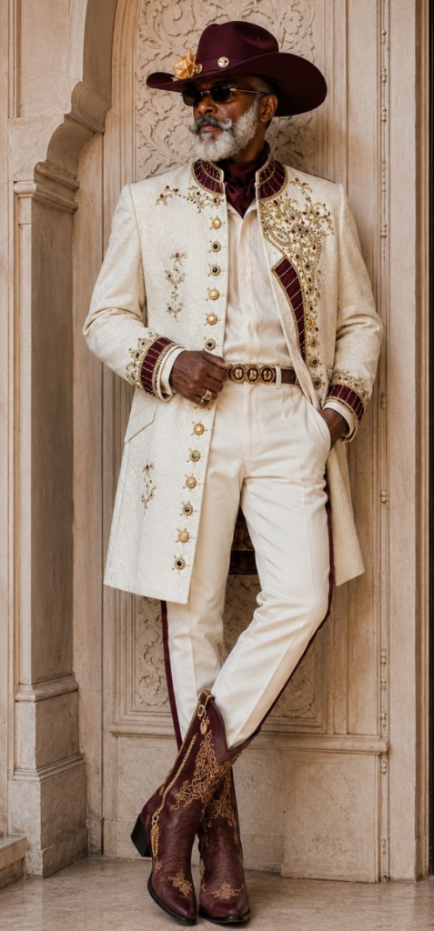 View all photos from this look Western GQ luxury fashion — full-length standing portrait, cream coat with maroon gold embroidery, burgundy cowboy hat and gold-embroidered boots; opens gallery of five photos
