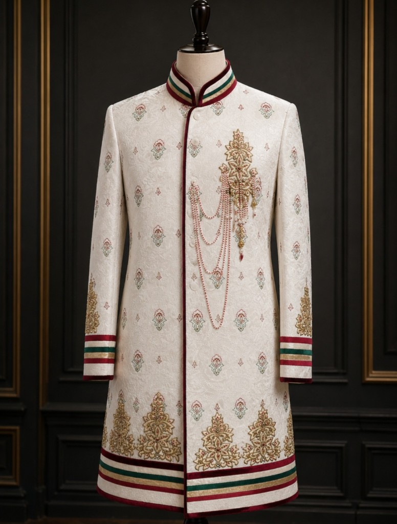 View all photos from this look Western GQ luxury fashion — cream sherwani with red green and gold embroidery on mannequin; opens full gallery of two photos
