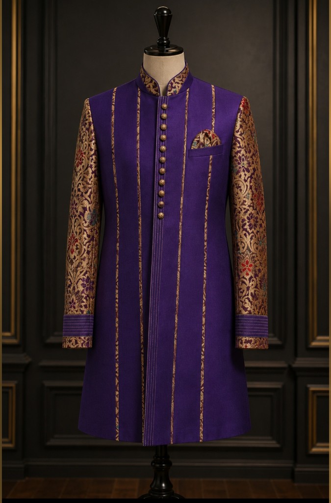 View all photos from this look Western GQ luxury fashion — purple sherwani with gold brocade sleeves on mannequin; opens full gallery with editorial collage