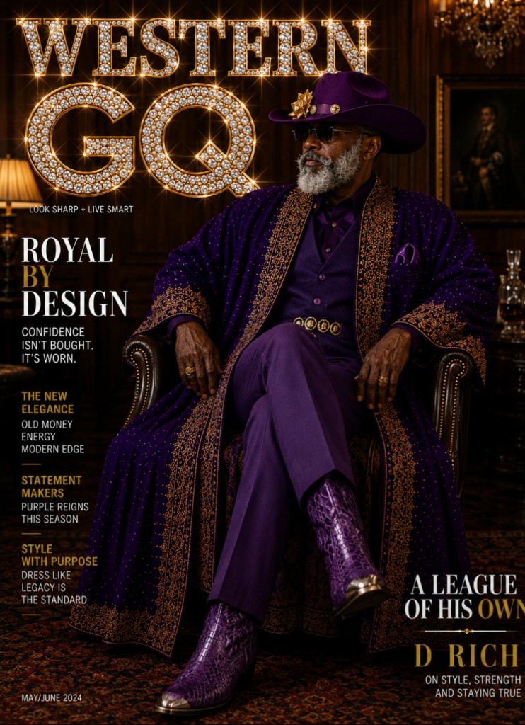 View cover photos Western GQ magazine cover — Royal by Design, purple velvet and gold in leather armchair; opens gallery of seven photos