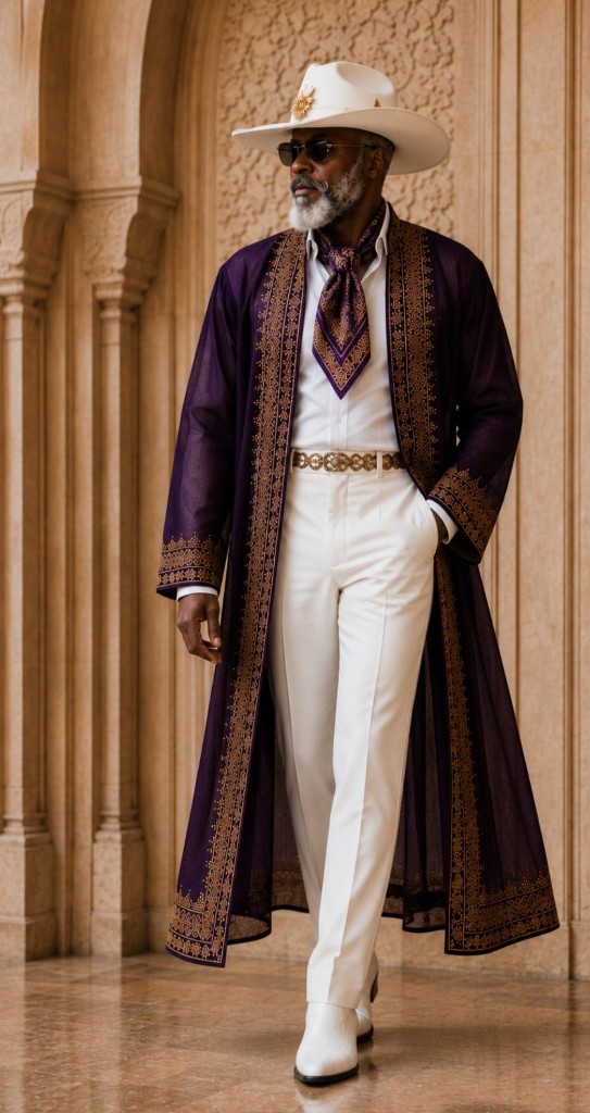View all photos from this look Western GQ luxury fashion — purple velvet robe with gold embroidery, white hat, walking in stone arch; opens full gallery of nine photos