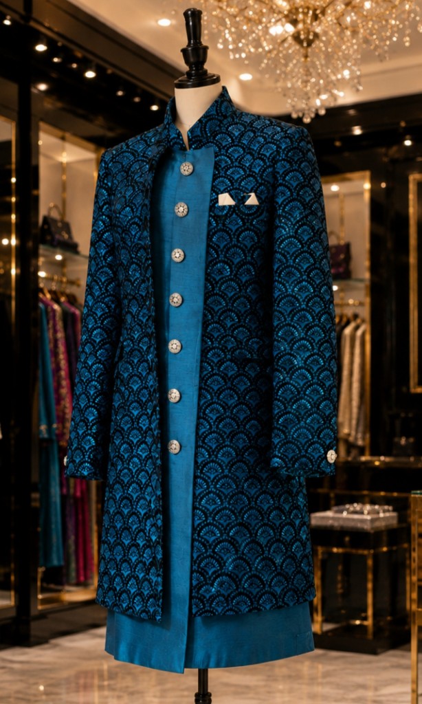 View all photos from this look Western GQ luxury fashion — teal sequined sherwani on mannequin in boutique with chandelier; opens full gallery of six photos including blue Western coat portraits