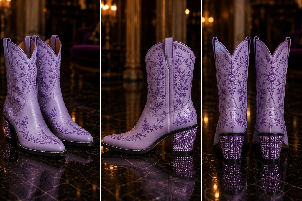 Western GQ luxury fashion — lavender embroidered cowboy boots with crystal heels; triptych on reflective black marble