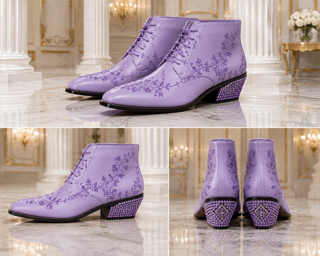 Western GQ luxury fashion — lavender lace-up boots with embroidery and crystal heels; collage on white marble with columns