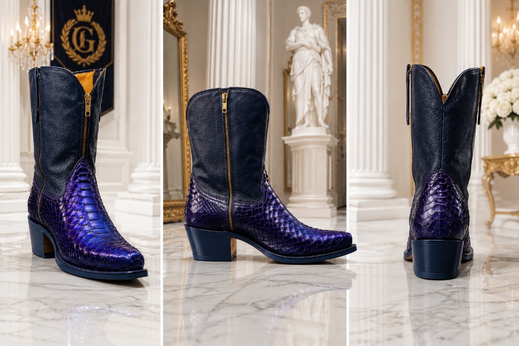 Western GQ luxury fashion — purple snakeskin and navy leather boots with gold zipper; triptych showing three-quarter, side, and rear views on white marble in a classical hall