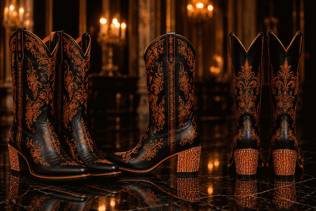 Western GQ luxury fashion — black boots with copper-orange embroidery and jeweled heels; multi-angle composite on reflective marble