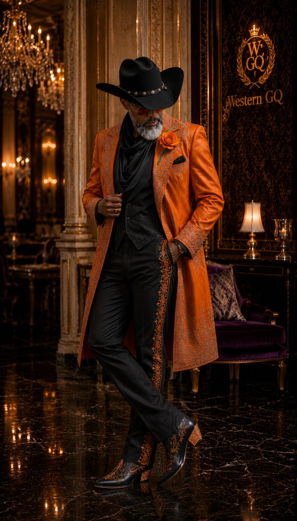 View suit photos Western GQ luxury fashion — orange leather coat with black hat and embroidered boots; opens gallery with full-length and three-angle views