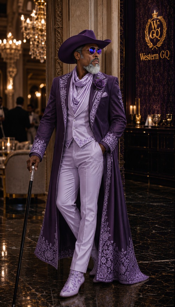 View look photos Western GQ luxury fashion — full-length purple and lavender embroidered duster and hat; opens gallery with matching lavender boots