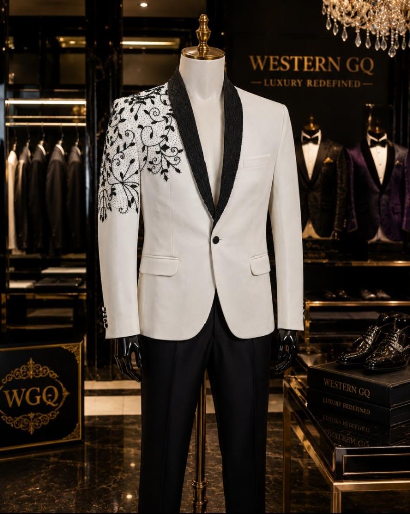 View all photos from this look Western GQ luxury fashion — white embroidered jacket with black floral embroidery on mannequin; opens full gallery
